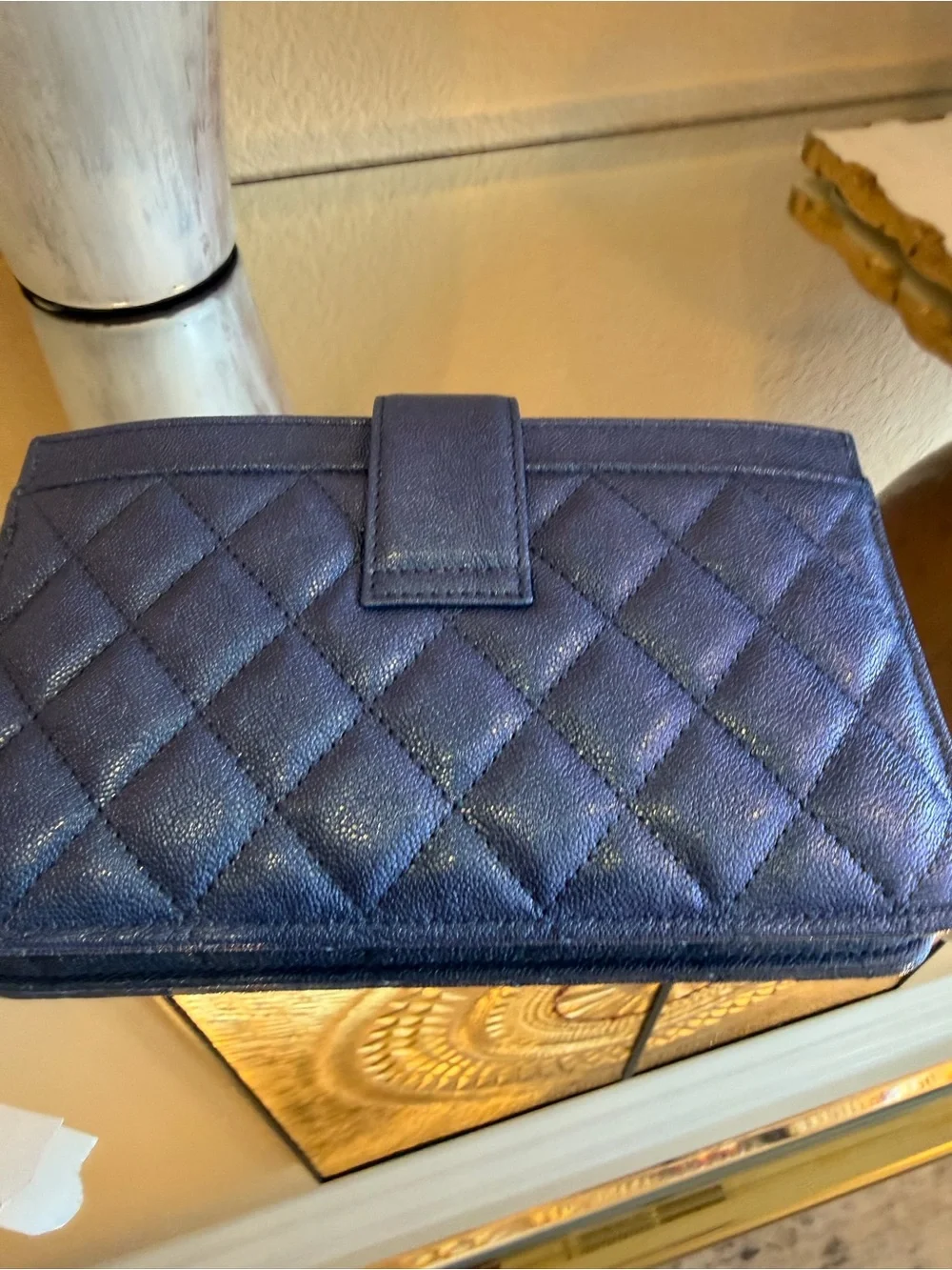 CHANEL Blue Quilted Leather Wallet and Card Holder with Gold Hardware